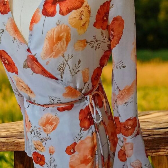 Lulus ✦ Petals of Honor Wrap Dress ✦ Light Blue Floral Chiffon Bell Sleeves S - Picture 11 of 14
